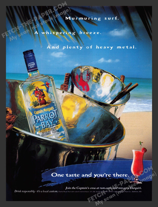 2001 Print Advertisement Captain Morgan's Parrot Bay Rum Puerto Rican Metal Drum.