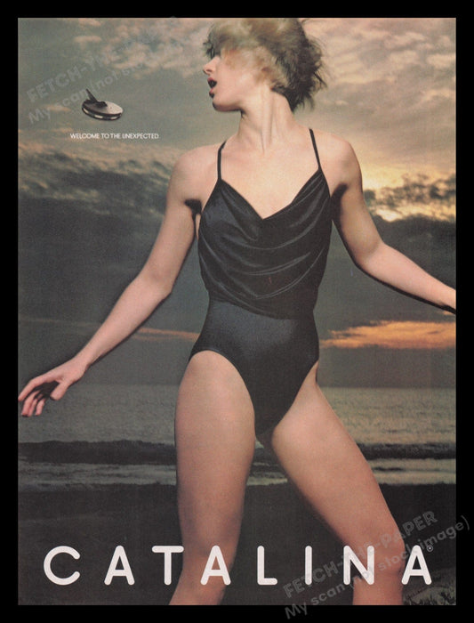 Catalina Swimwear 1980s Print Advertisement Ad 1985 UFO Scared Model Fetch the Paper!