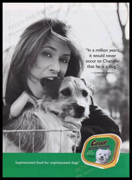 Cesar Lorraine Bracco 2000s Print Advertisement Ad 2002 Dog Actress Fetch the Paper!