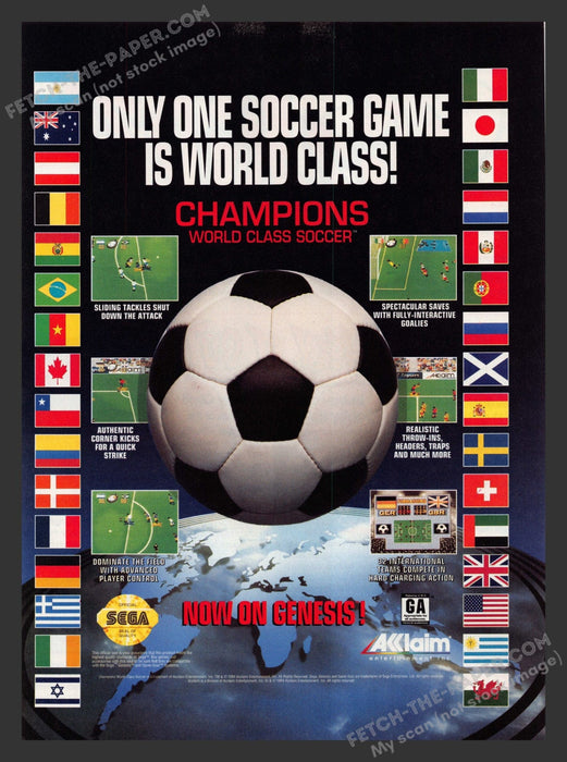 1994 Print Advertisement Champions World Class Soccer Video Game Ad.