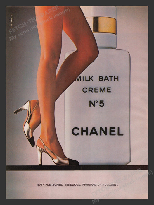 Chanel 1980s Print Advertisement 1981 Milk Bath Creme No. 5 Long Legs Fetch the Paper!