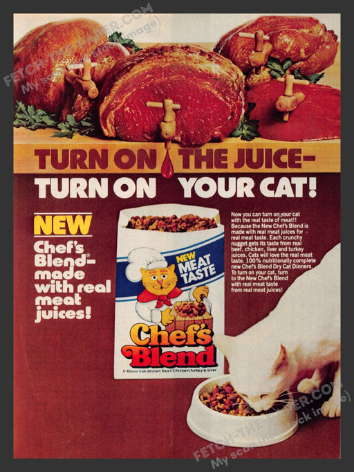 1982 Print Advertisement Chef's Blend Cat Food Real Meat Juices White Cat Ad.