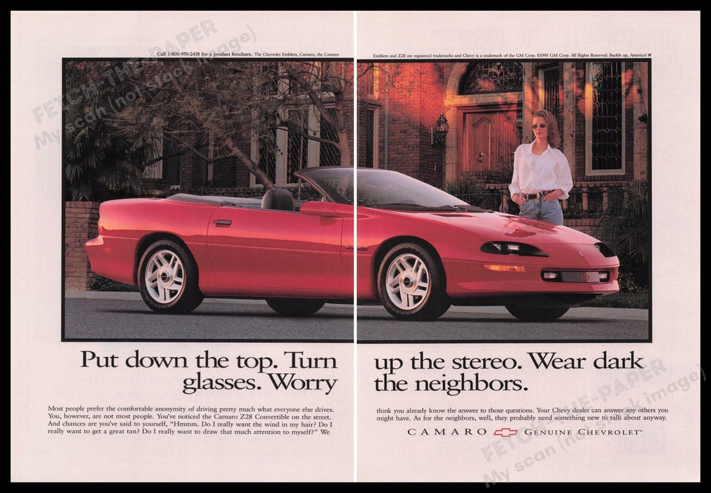 Chevrolet Camaro Car 1990s Print Advertisement (2 pages) 1995 Convertible Fetch the Paper!