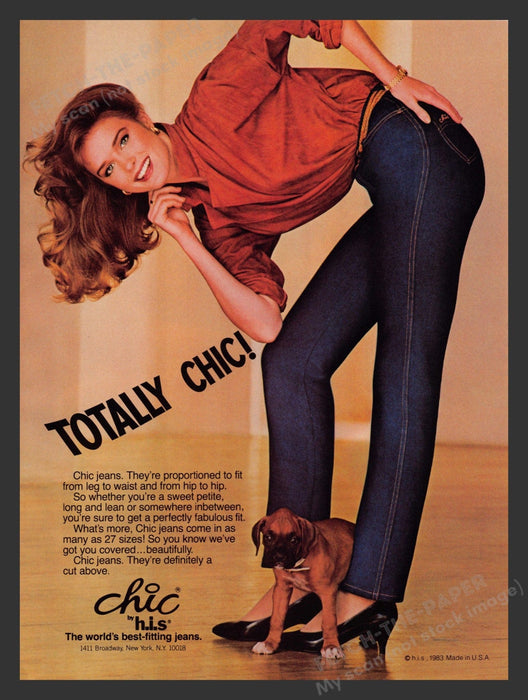 Chic by H.I.S. 1980s Print Advertisement Ad 1983 Jeans Boxer Puppy Dog Fetch the Paper!