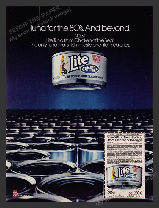 Chicken of the Sea 1980s Print Advertisement 1983 Tuna Cans Lite Label Fetch the Paper!