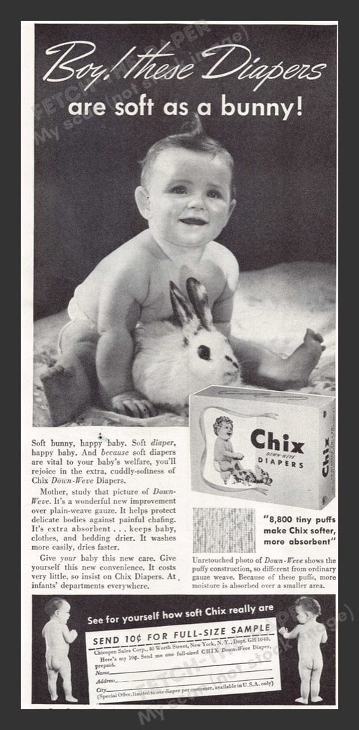 1940 Chix Down-Weve Diapers Soft as a Bunny Print Advertisement Ad