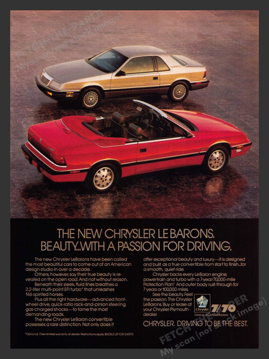 1988 Chrysler LeBaron Convertible & Coupe Print Advertisement Ad