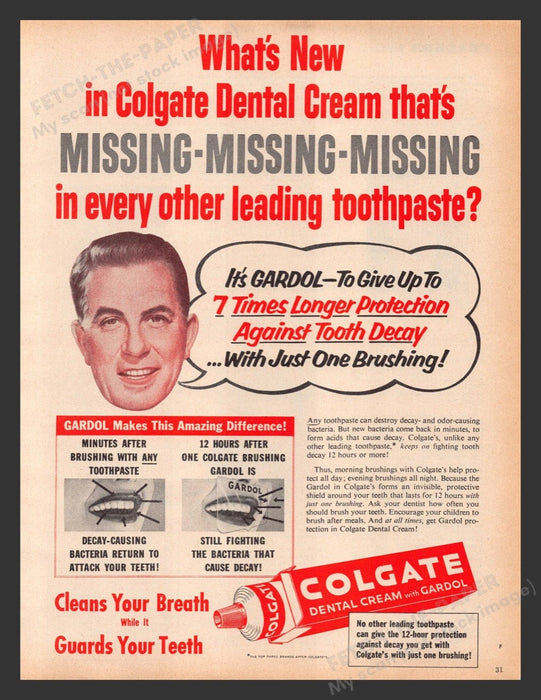 1956 Colgate Toothpaste with Gardol Color Print Advertisement Ad