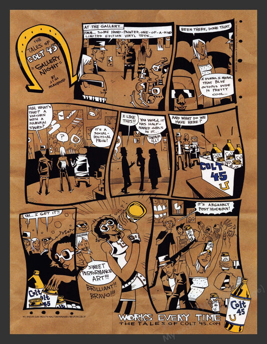 2007 Colt 45 Alcohol "Gallery Night" Jim Mahpood Comic Strip Print Advertisement.