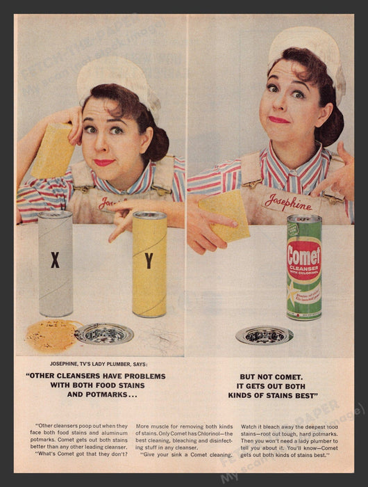 Comet 1960s Print Advertisement 1964 Josephine Lady Plumber Sink Cleaner Fetch the Paper!