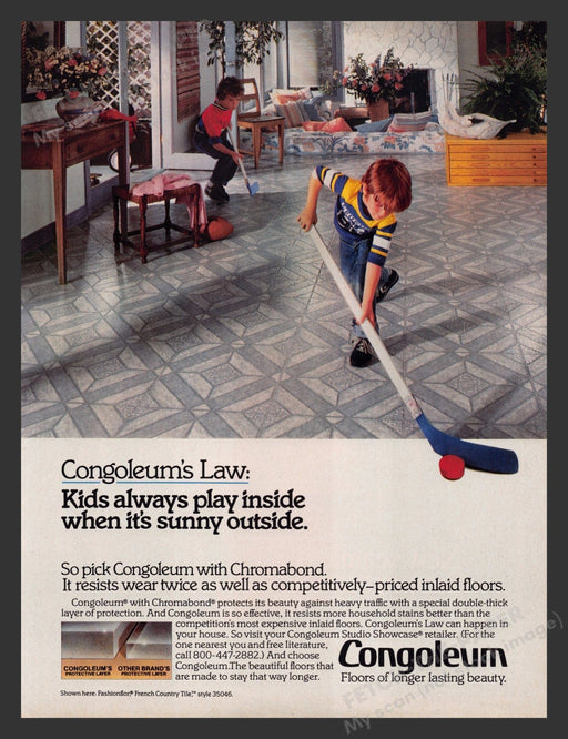 Congoleum 1980s Print Advertisement 1984 French Country Tile Flooring Floors Fetch the Paper!