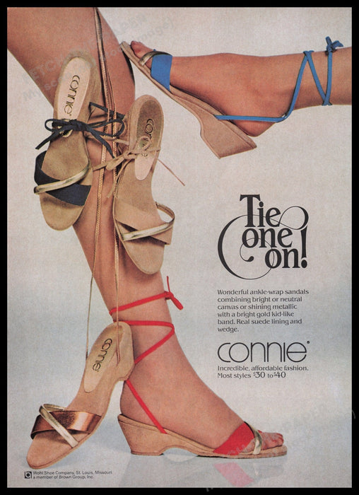 Connie Shoes Tie One On 1980s Print Advertisement Ad 1982 Feet Legs Fetch the Paper!