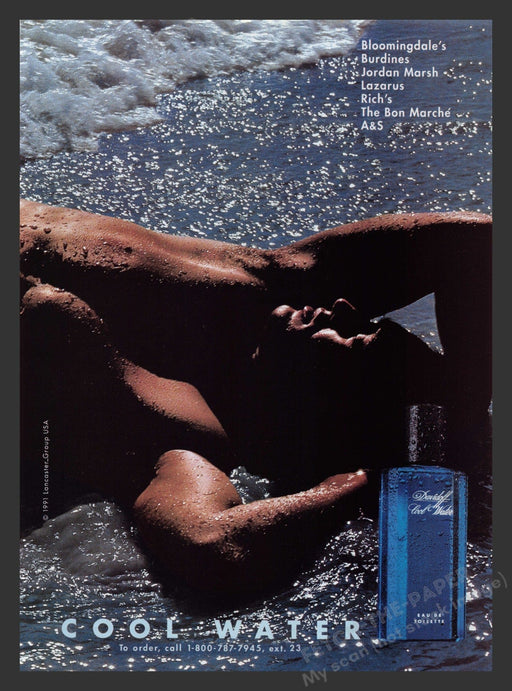 Cool Water by Davidoff 1990s Print Advertisement 1995 Beach Muscles Guy Cologne Fetch the Paper!
