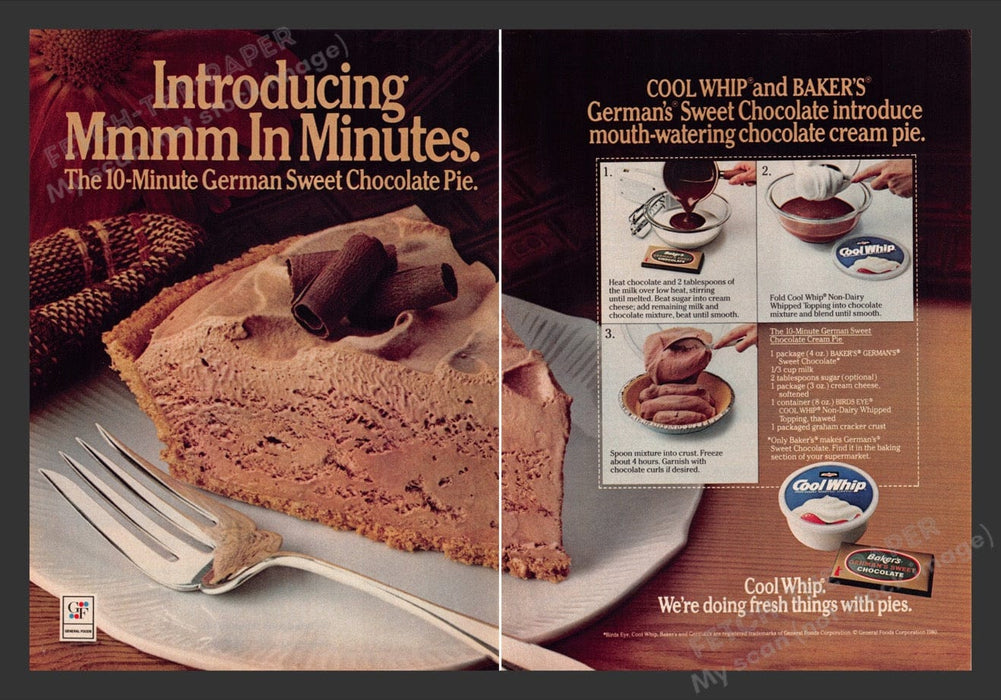 1980 Cool Whip with Baker's Chocolate Recipe Print Advertisement (2 Pages)