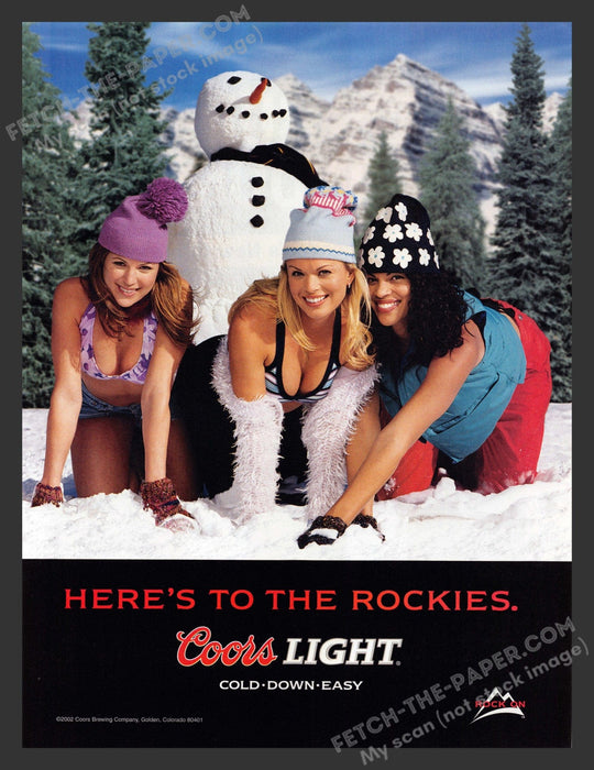 2003 Coors Light Sexy Girls Building Snowman Alcohol Print Advertisement Ad.