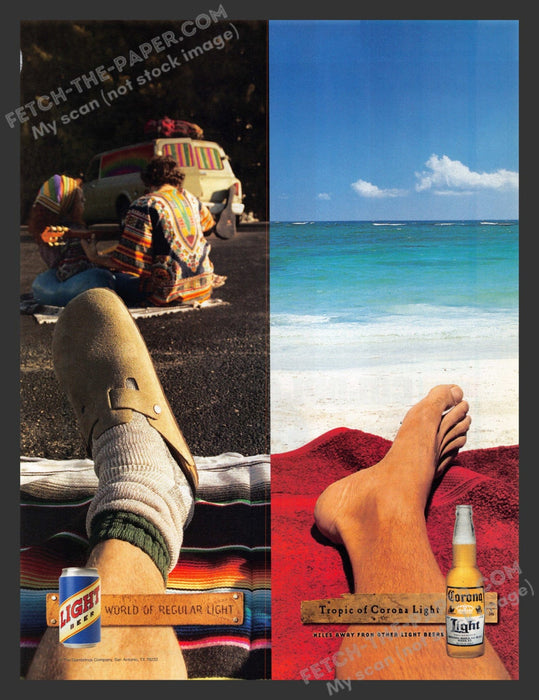 2005 Print Advertisement Corona Light Beer Regular vs. Tropical Beach Alcohol Ad.