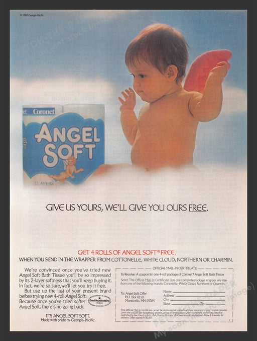 1987 Coronet Angel Soft Toilet Tissue Winged Baby Print Advertisement Ad