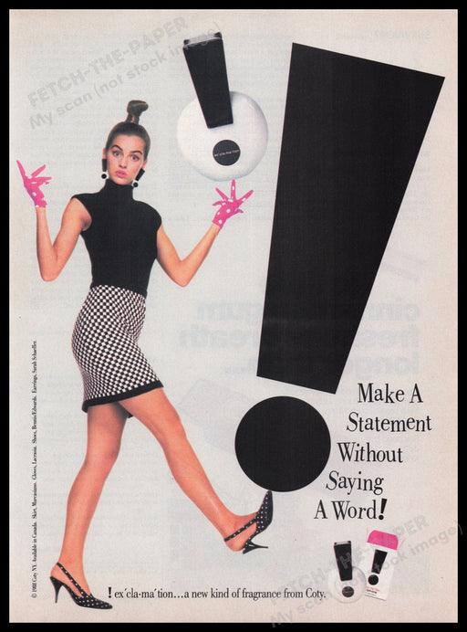 Coty Exclamation Fragrance 1980s Print Advertisement Ad 1989 Legs Fetch the Paper!