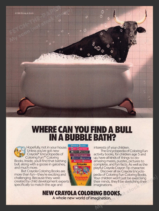 1989 Crayola Coloring Books "Bull in a bubble bath" Print Advertisement Ad
