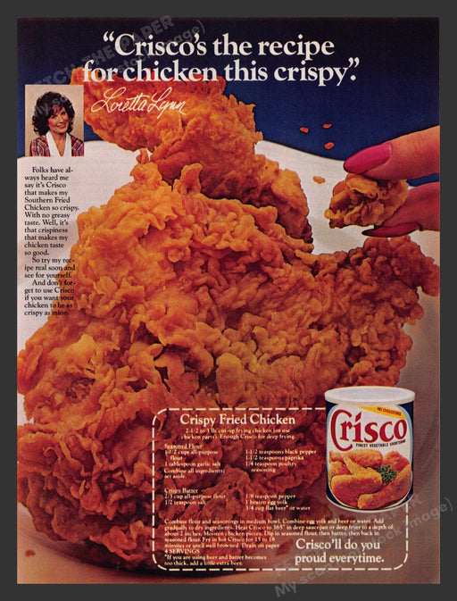 Crisco 1980s Print Advertisement 1983 Loretta Lynn Crispy Fried Chicken Recipe Fetch the Paper!