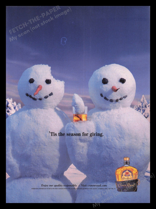 Crown Royal 2000s Print Advertisement Ad 2001 Snowmen "The Season for Giving" Fetch the Paper!