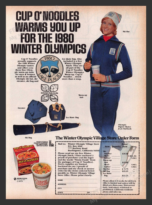 1979 Cup O' Noodles 1980 Winter Olympics JoJo Starbuck Print Advertisement Ad