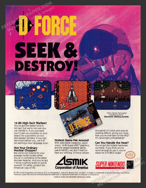 1991 Print Advertisement D-Force Video Game Ad.