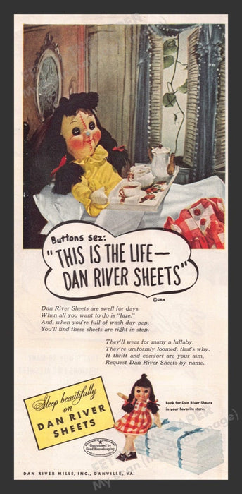 1948 Dan River Sheets Creepy "Buttons" Doll Color Print Advertisement Ad