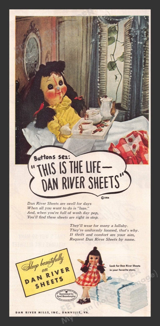 1948 Dan River Sheets Creepy "Buttons" Doll Color Print Advertisement Ad