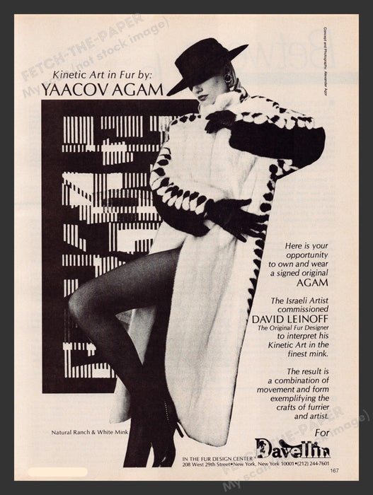 Davellin Furs 1980s Print Advertisement 1983 Yaacov Agam David Leinoff Legs Fetch the Paper!
