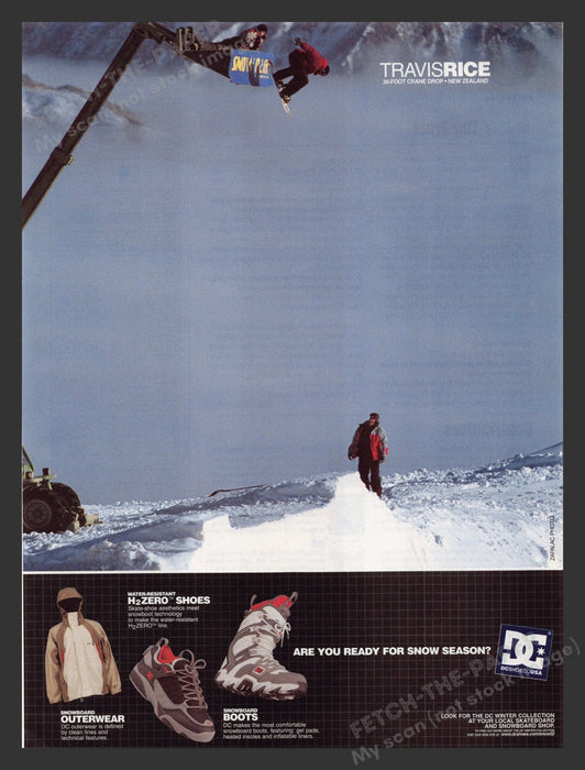 2003 DC Shoes Travis Rice 30-foot Crane Drop New Zealand Print Advertisement Ad