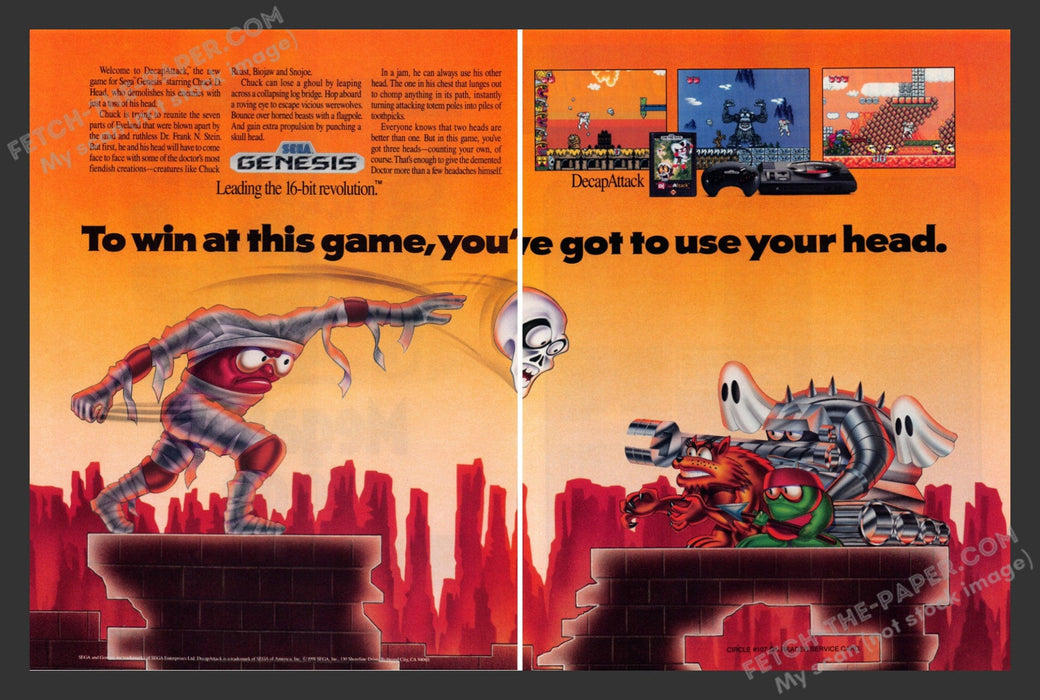 1991 Print Advertisement 2 Page Decap Attack Video Game Ad.
