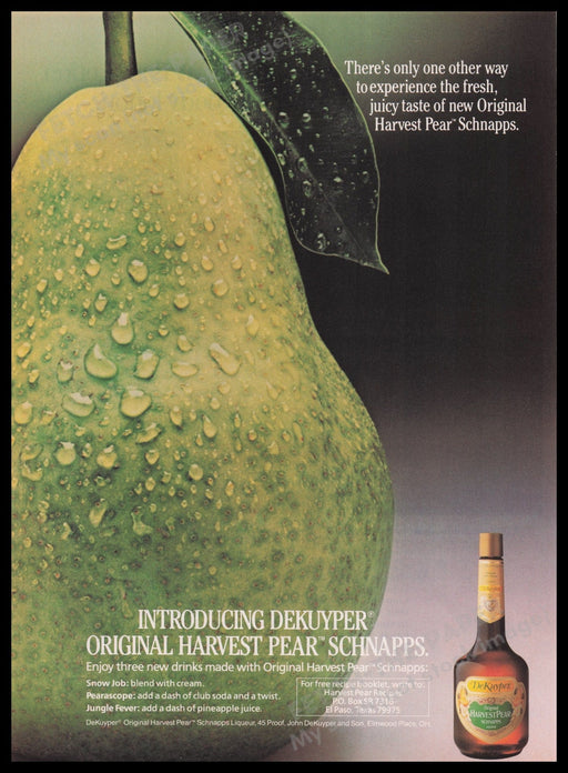 DeKuyper Harvest Pear Schnapps Liqueur 1980s Print Advertisement Ad 1986 Fetch the Paper!