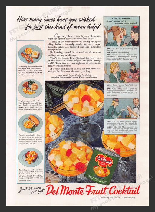1941 Del Monte Fruit Cocktail Hats or Hominy? Print Advertisement Ad