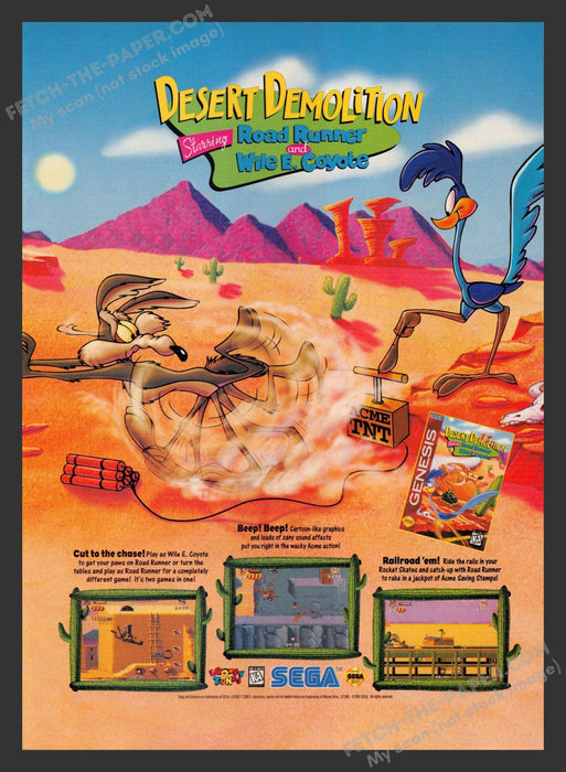 1995 Print Advertisement Desert Demolition Road Runner & Wile E. Video Game Ad.