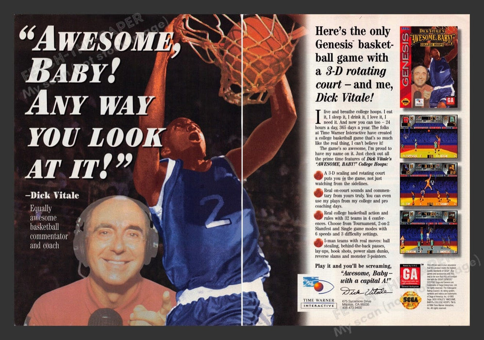 1994 Dick Vitale's "Awesome Baby!" Hoops Video Game Print Advertisement (2 Pgs)