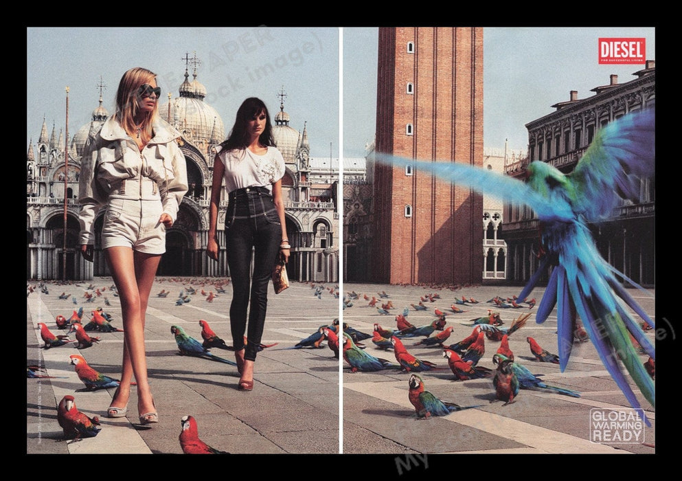 Diesel 2000's Print Advertisement Ad (2 pages) 2007 Legs Macaw Town Square Fetch the Paper!