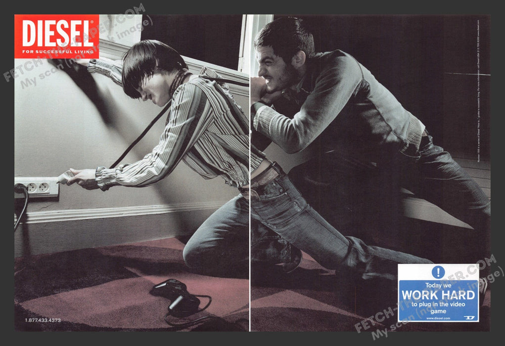 2003 Diesel Clothing "Today We Work Hard to Plug In the Video Game" Print Ad.