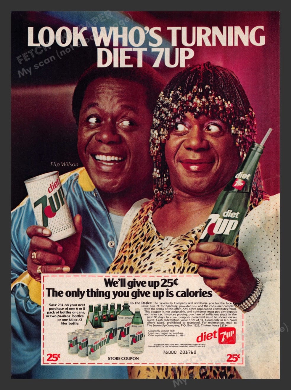 Vintage 1981 Diet 7-UP Ad with Flip Wilson - Collectible Print