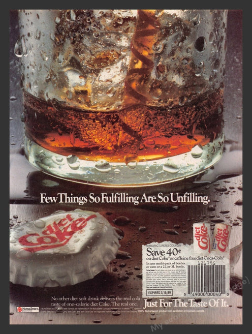 1989 Diet Coke Glass & Bottle Cap Closeup Print Advertisement Ad