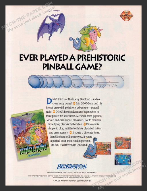 1991 Print Advertisement Dinoland Video Game Ad.