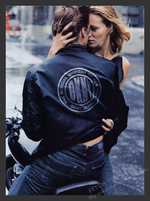 DKNY Jeans 1990s Print Advertisement Ad 1998 Motorcycle Male Model Sexy Couple Fetch the Paper!