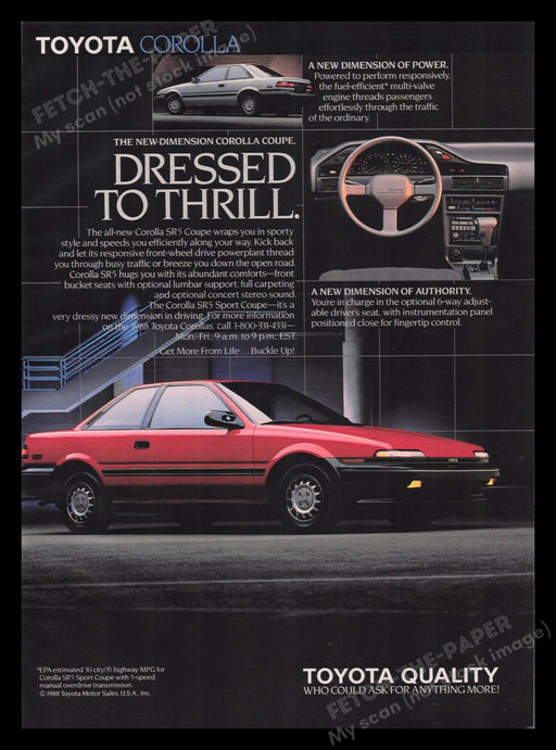 Dodge 1980s Print Advertisement Ad 1988 Corolla Dash "Dressed to Thrill" Fetch the Paper!