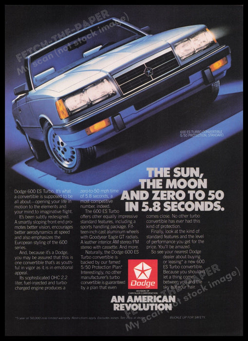 Dodge 600 ES Turbo Car 1980s Print Advertisement Ad 1986 American Revolution Fetch the Paper!