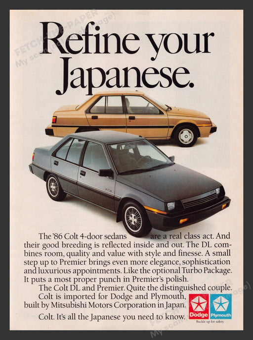 Dodge & Plymouth Colt Sedan Japanese 1980s Print Advertisement 1985 Fetch the Paper!