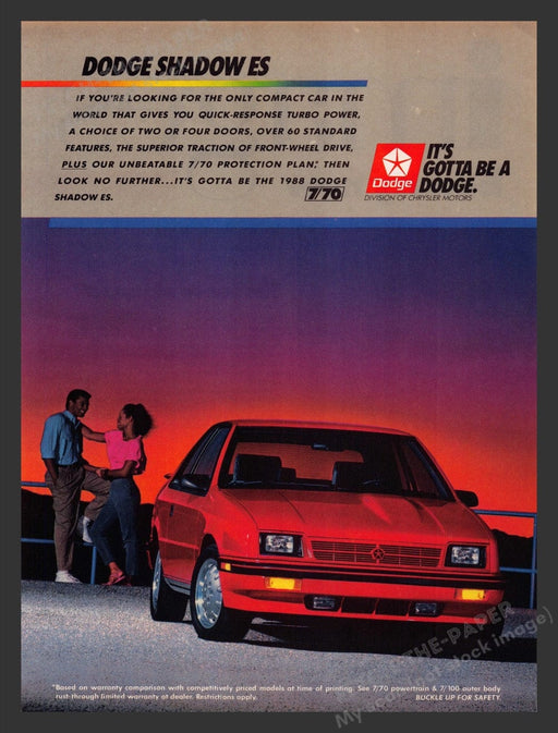 1988 Dodge Shadow ES Couple at Sunset Print Advertisement Ad