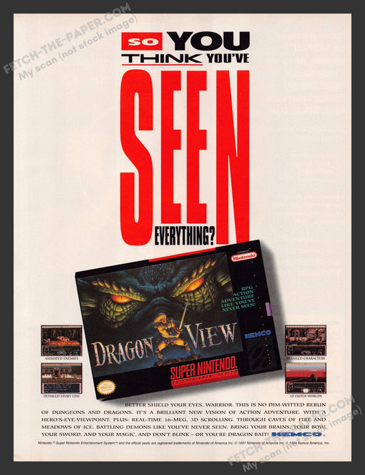 1994 Print Advertisement Dragon View Super Nintendo Video Game Ad.