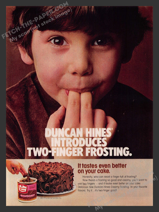 1983 Print Advertisement Duncan Hines Two-Finger Frosting Food Baked Sweets Ad.