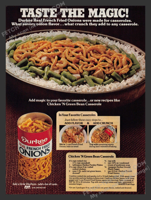 1983 Print Advertisement Durkee French Fried Onions Chicken 'n Green Bean Recipe.