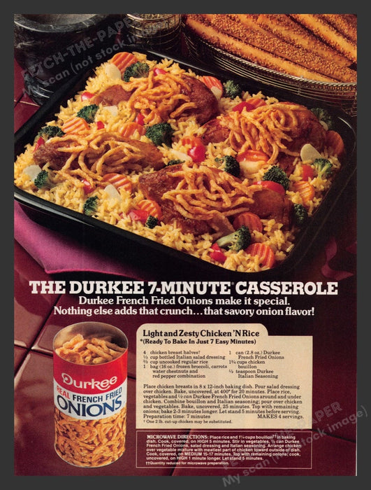 1986 Durkee French Fried Onions "Light and Zesty Chicken'n Rice" Recipe Print Ad